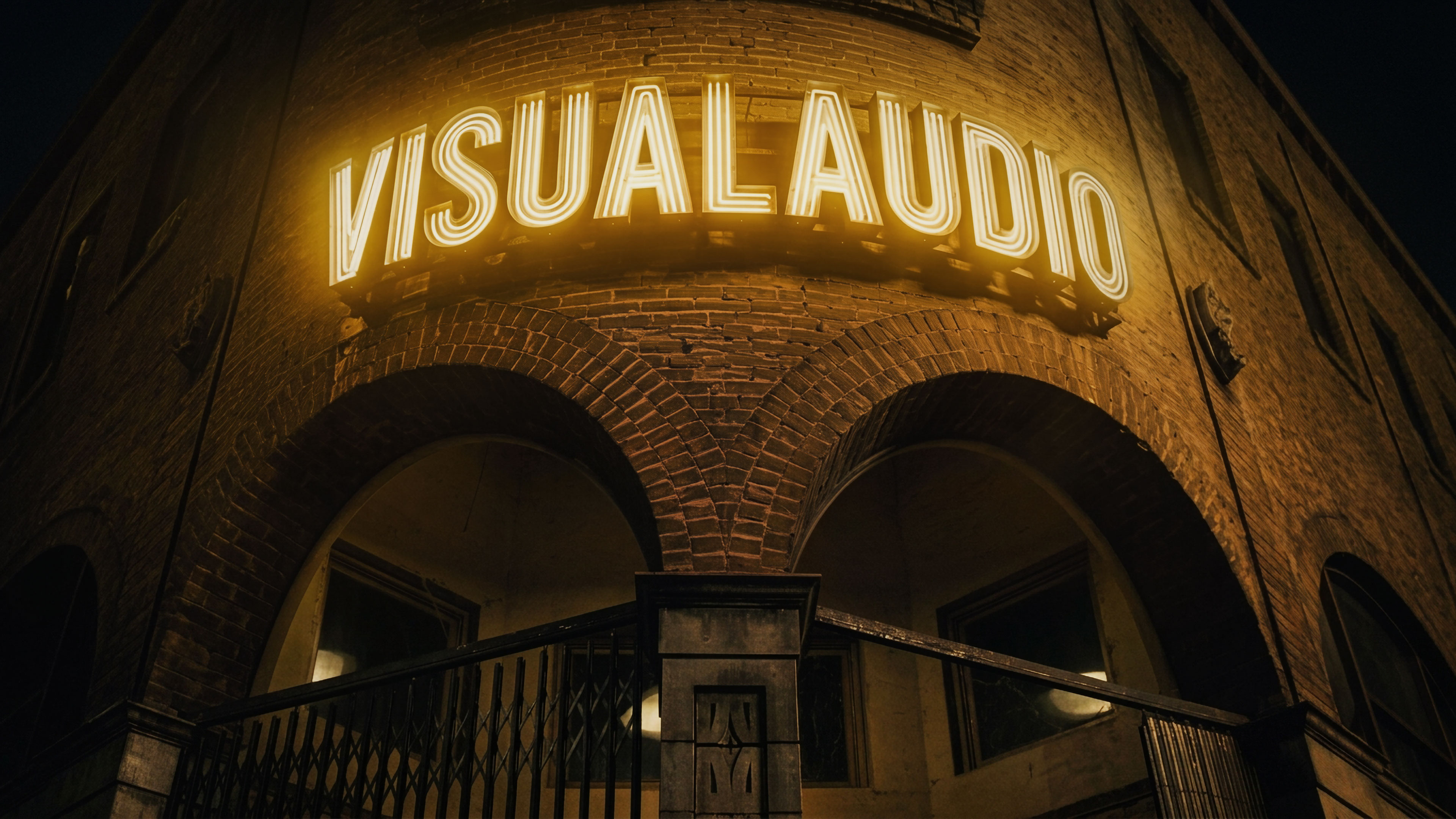 Night brick facade with a warm neon VisualAudio sign